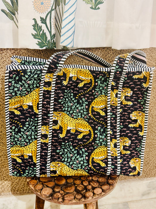 Charitra sanchika black leopard print tote bag