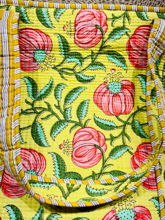 Charitra sanchika yellow with pink flower tote bag